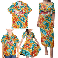 Bhutan Dragon Family Matching Puletasi and Hawaiian Shirt with Traditional Cloud Motif in Vibrant Himalayan Colors
