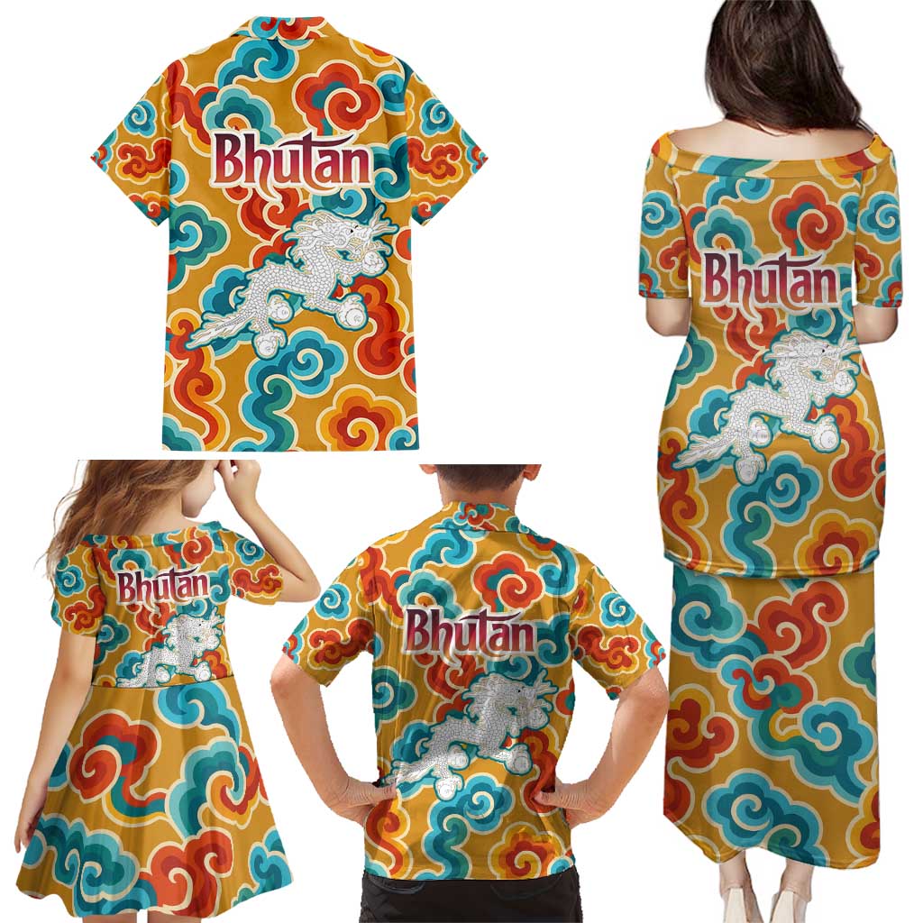 Bhutan Dragon Family Matching Puletasi and Hawaiian Shirt with Traditional Cloud Motif in Vibrant Himalayan Colors
