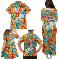 Bhutan Dragon Family Matching Puletasi and Hawaiian Shirt with Traditional Cloud Motif in Vibrant Himalayan Colors