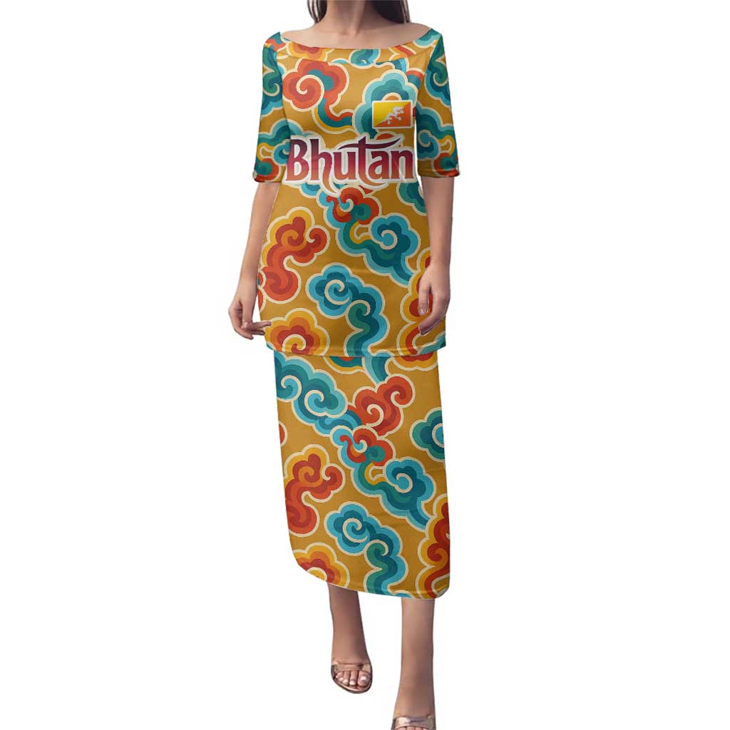 Bhutan Dragon Family Matching Puletasi and Hawaiian Shirt with Traditional Cloud Motif in Vibrant Himalayan Colors