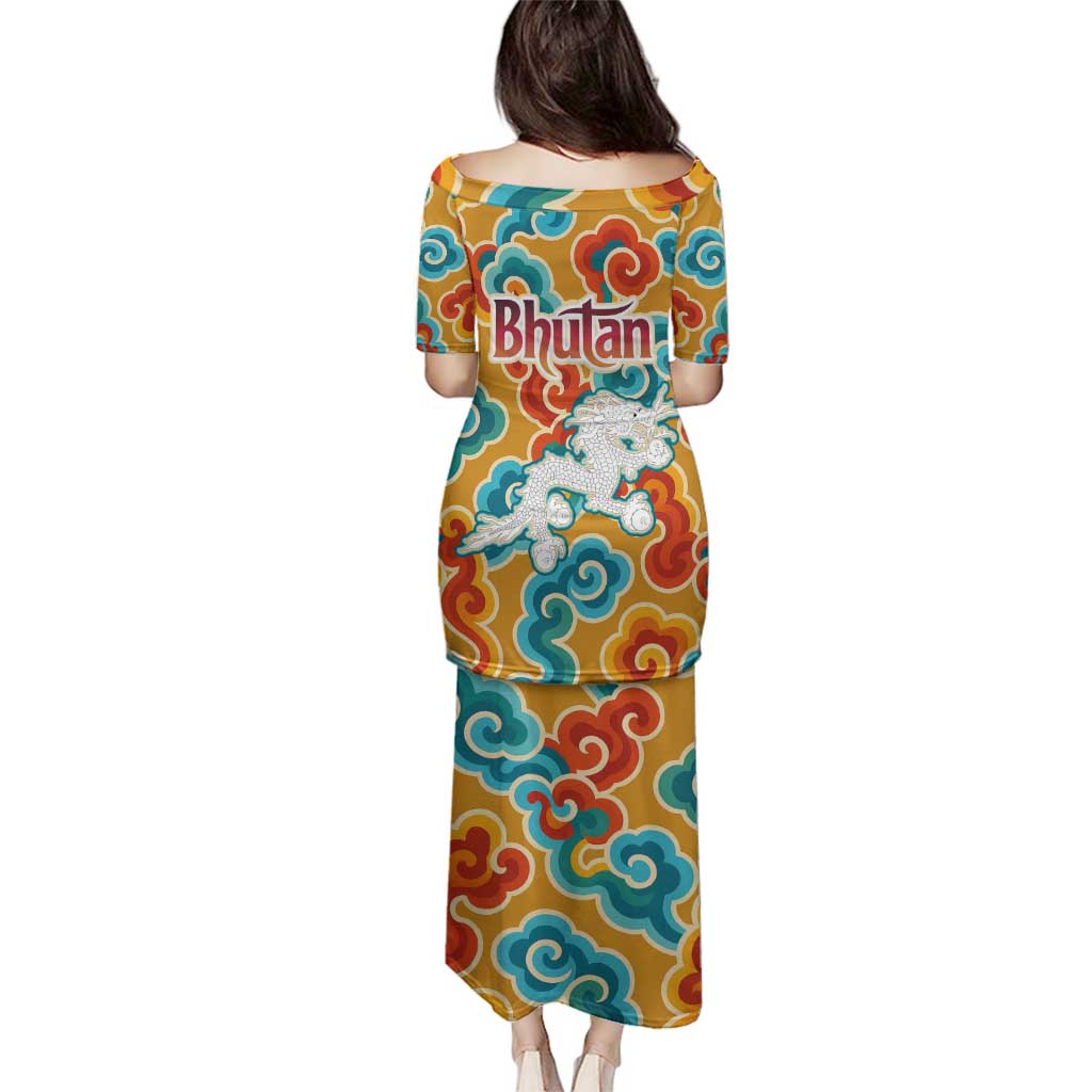 Bhutan Dragon Family Matching Puletasi and Hawaiian Shirt with Traditional Cloud Motif in Vibrant Himalayan Colors