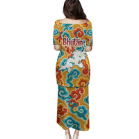 Bhutan Dragon Family Matching Puletasi and Hawaiian Shirt with Traditional Cloud Motif in Vibrant Himalayan Colors
