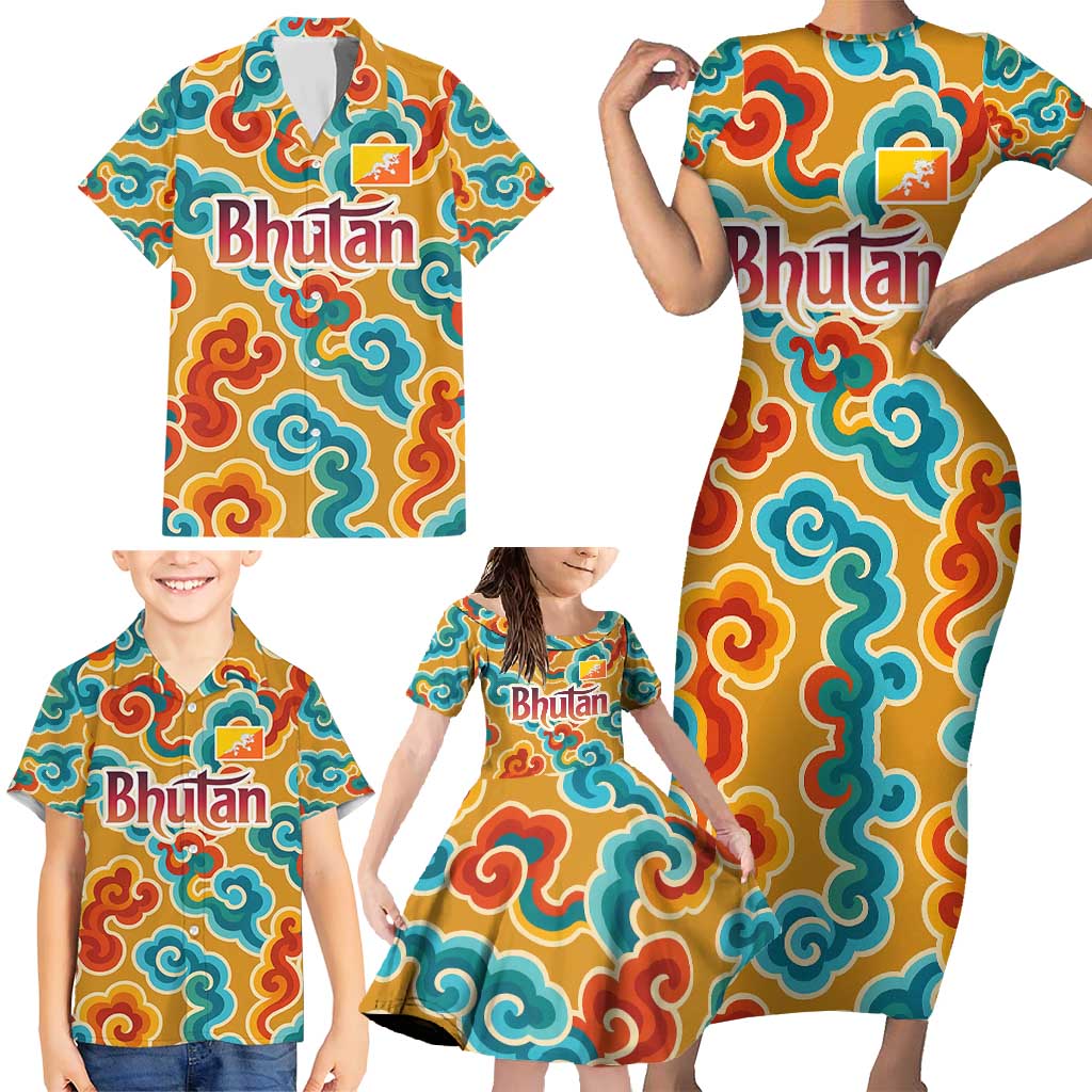 Bhutan Dragon Family Matching Short Sleeve Bodycon Dress and Hawaiian Shirt with Traditional Cloud Motif in Vibrant Himalayan Colors