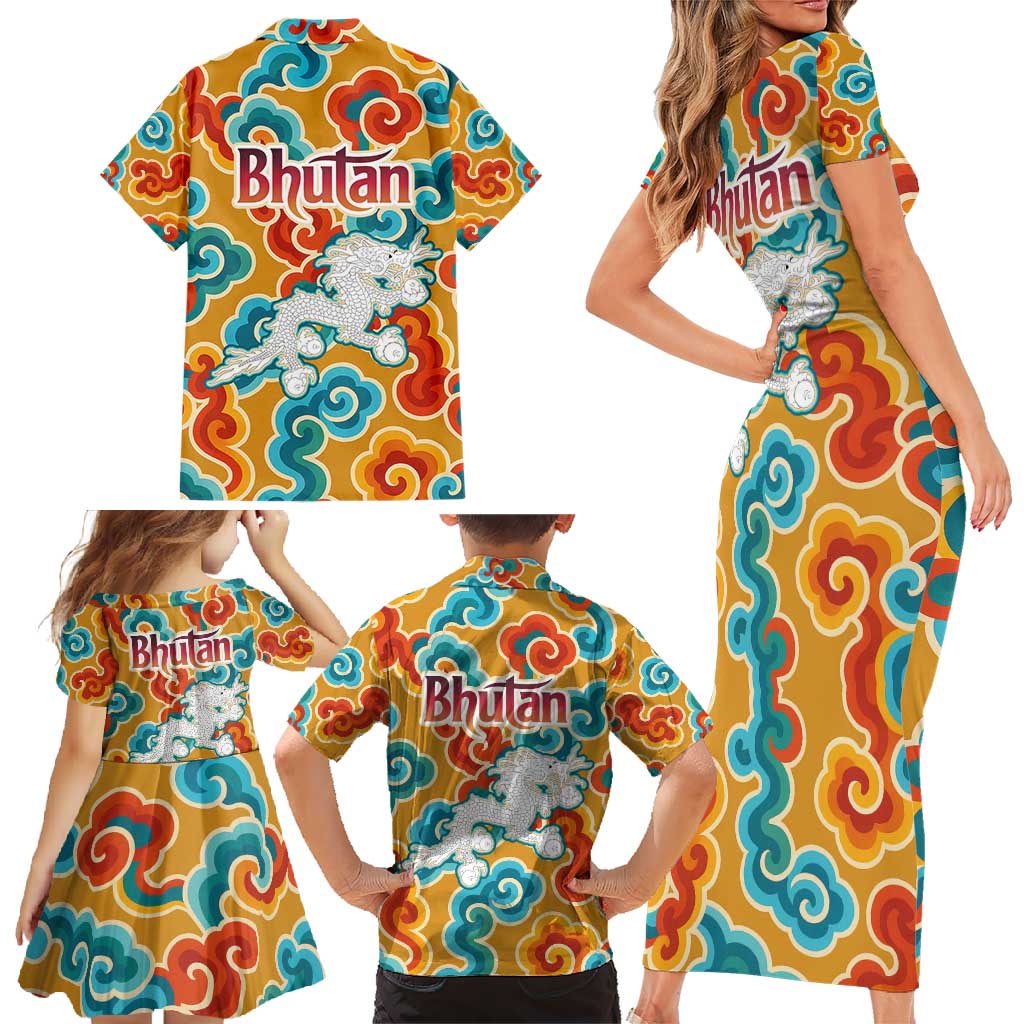 Bhutan Dragon Family Matching Short Sleeve Bodycon Dress and Hawaiian Shirt with Traditional Cloud Motif in Vibrant Himalayan Colors