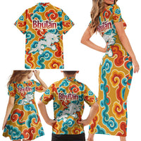 Bhutan Dragon Family Matching Short Sleeve Bodycon Dress and Hawaiian Shirt with Traditional Cloud Motif in Vibrant Himalayan Colors