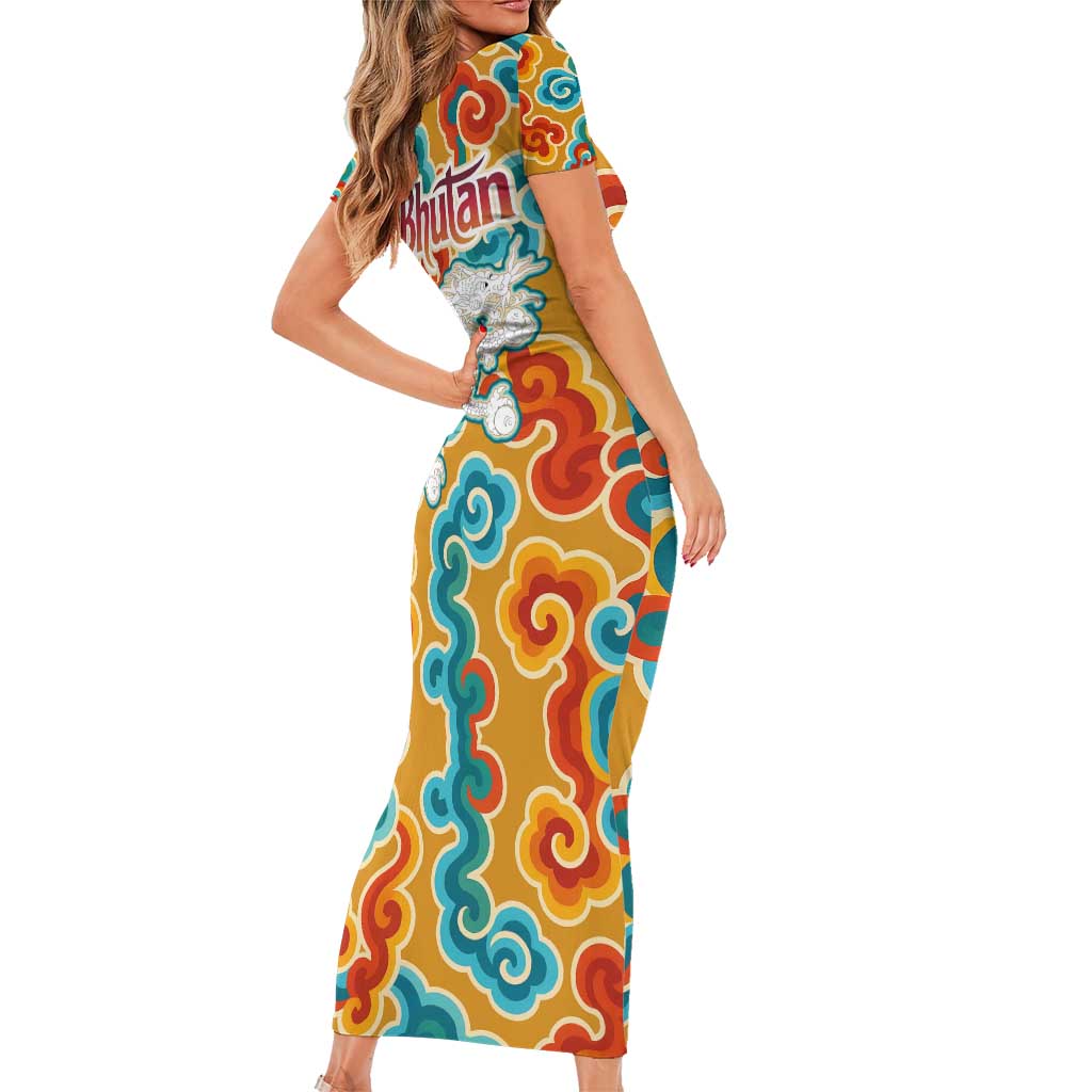 Bhutan Dragon Family Matching Short Sleeve Bodycon Dress and Hawaiian Shirt with Traditional Cloud Motif in Vibrant Himalayan Colors