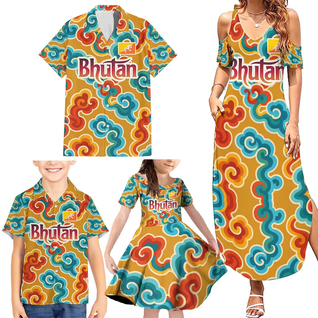 Bhutan Dragon Family Matching Summer Maxi Dress and Hawaiian Shirt with Traditional Cloud Motif in Vibrant Himalayan Colors