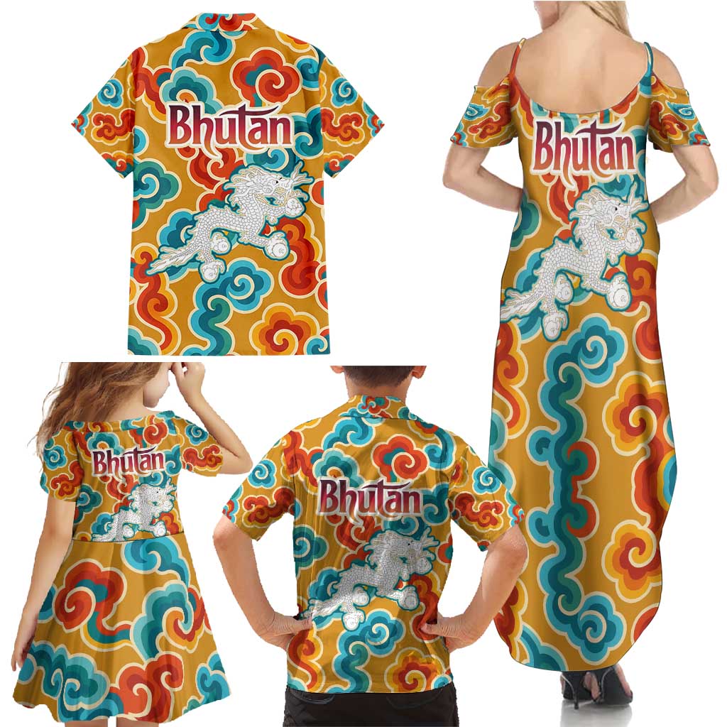 Bhutan Dragon Family Matching Summer Maxi Dress and Hawaiian Shirt with Traditional Cloud Motif in Vibrant Himalayan Colors