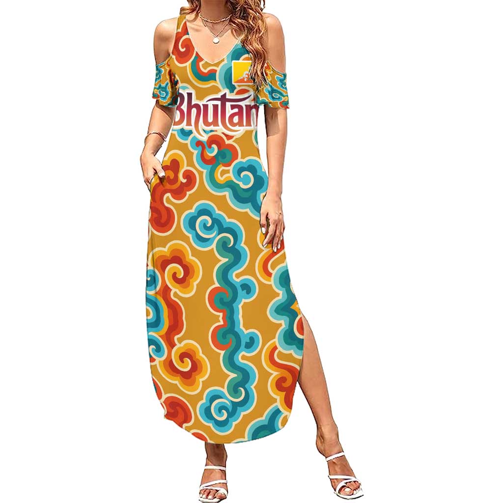 Bhutan Dragon Family Matching Summer Maxi Dress and Hawaiian Shirt with Traditional Cloud Motif in Vibrant Himalayan Colors