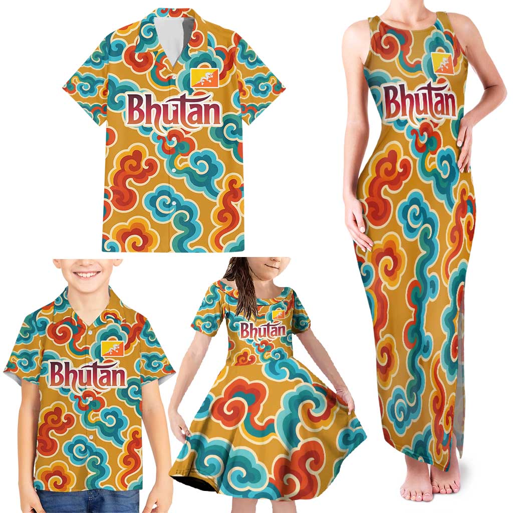 Bhutan Dragon Family Matching Tank Maxi Dress and Hawaiian Shirt with Traditional Cloud Motif in Vibrant Himalayan Colors