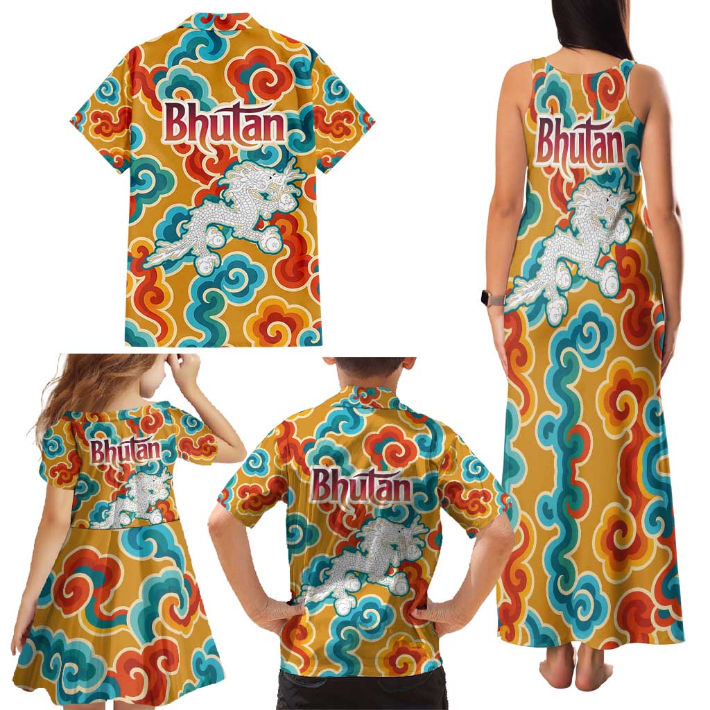 Bhutan Dragon Family Matching Tank Maxi Dress and Hawaiian Shirt with Traditional Cloud Motif in Vibrant Himalayan Colors