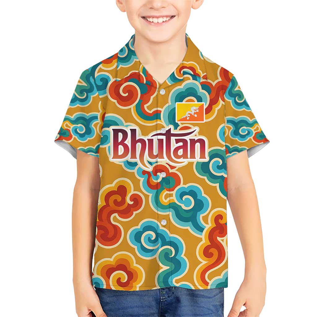 Bhutan Dragon Kid Hawaiian Shirt with Traditional Cloud Motif in Vibrant Himalayan Colors