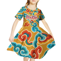 Bhutan Dragon Kid Short Sleeve Dress with Traditional Cloud Motif in Vibrant Himalayan Colors