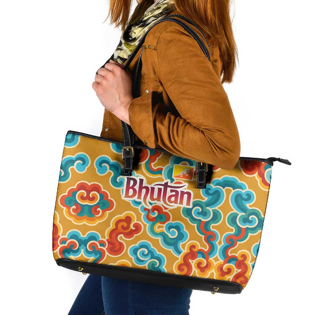 Bhutan Dragon Leather Tote Bag with Traditional Cloud Motif in Vibrant Himalayan Colors