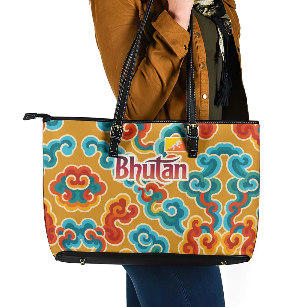 Bhutan Dragon Leather Tote Bag with Traditional Cloud Motif in Vibrant Himalayan Colors