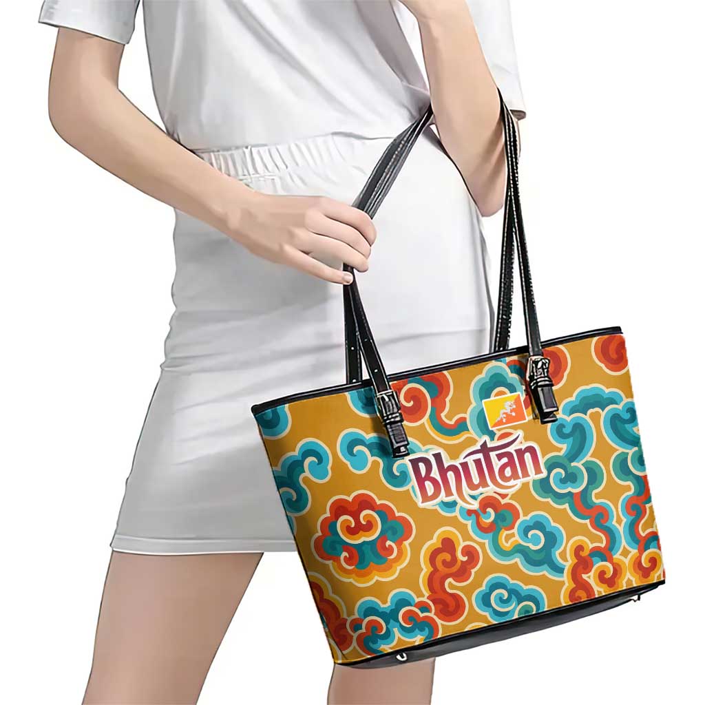 Bhutan Dragon Leather Tote Bag with Traditional Cloud Motif in Vibrant Himalayan Colors