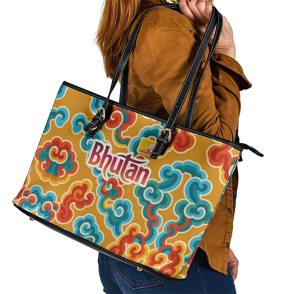 Bhutan Dragon Leather Tote Bag with Traditional Cloud Motif in Vibrant Himalayan Colors