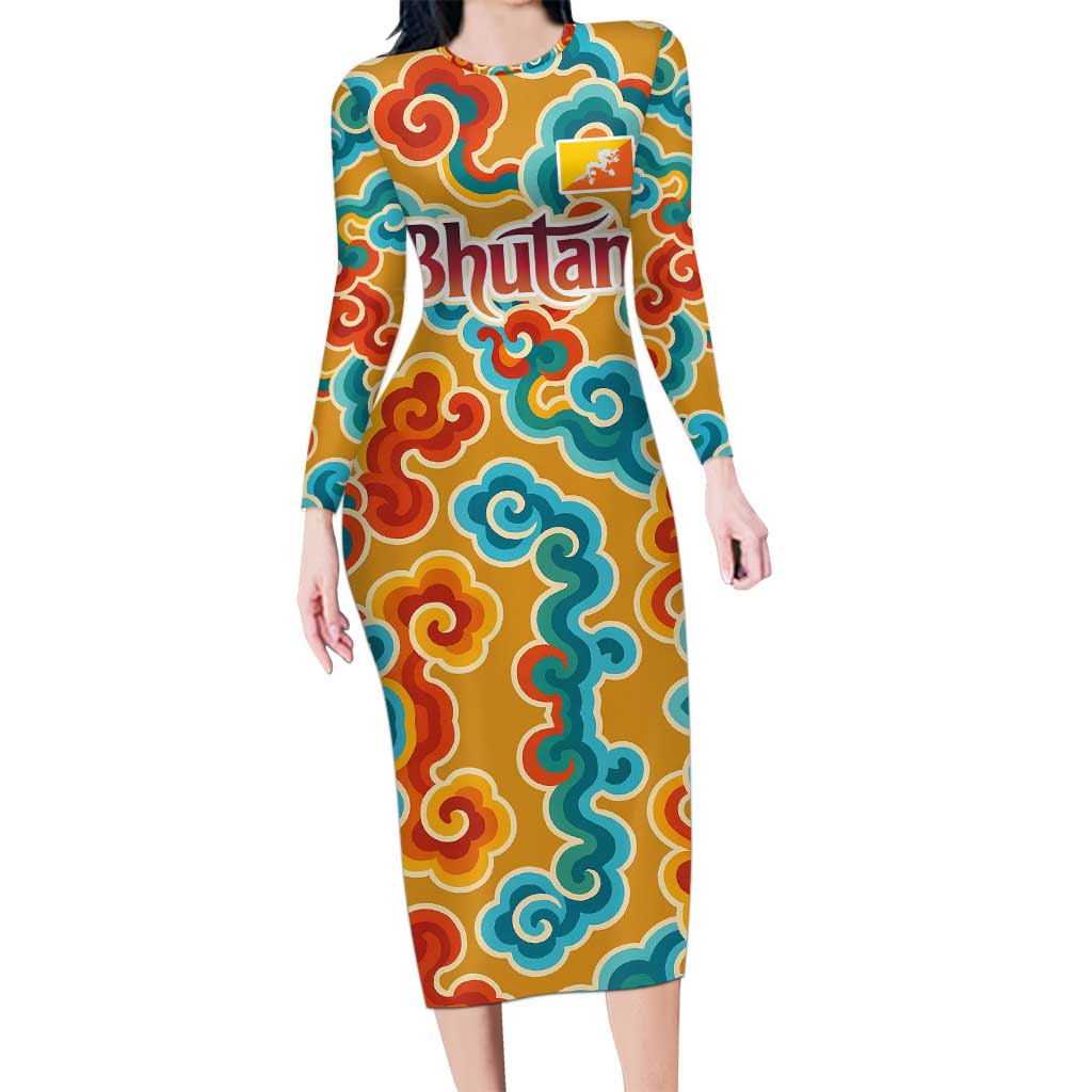 Bhutan Dragon Long Sleeve Bodycon Dress with Traditional Cloud Motif in Vibrant Himalayan Colors