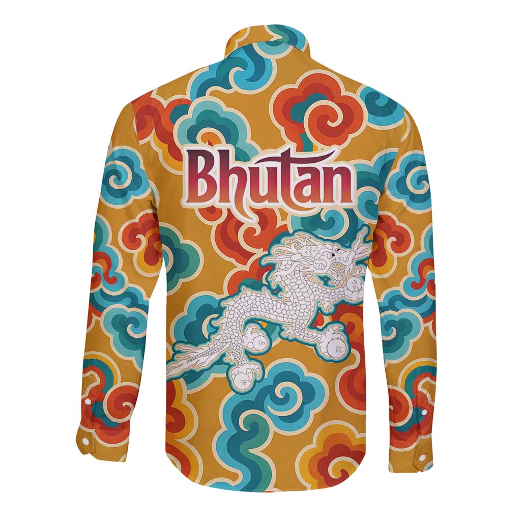 Bhutan Dragon Long Sleeve Button Shirt with Traditional Cloud Motif in Vibrant Himalayan Colors