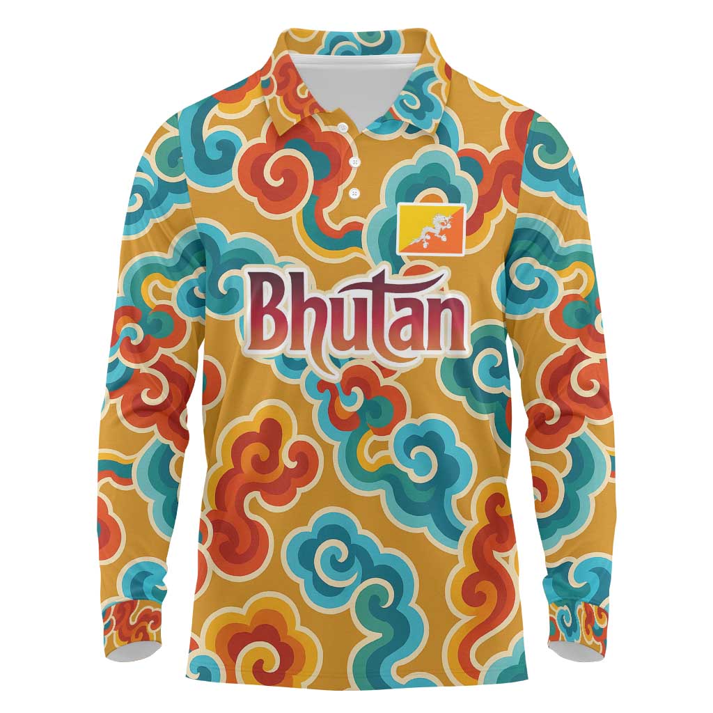 Bhutan Dragon Long Sleeve Polo Shirt with Traditional Cloud Motif in Vibrant Himalayan Colors