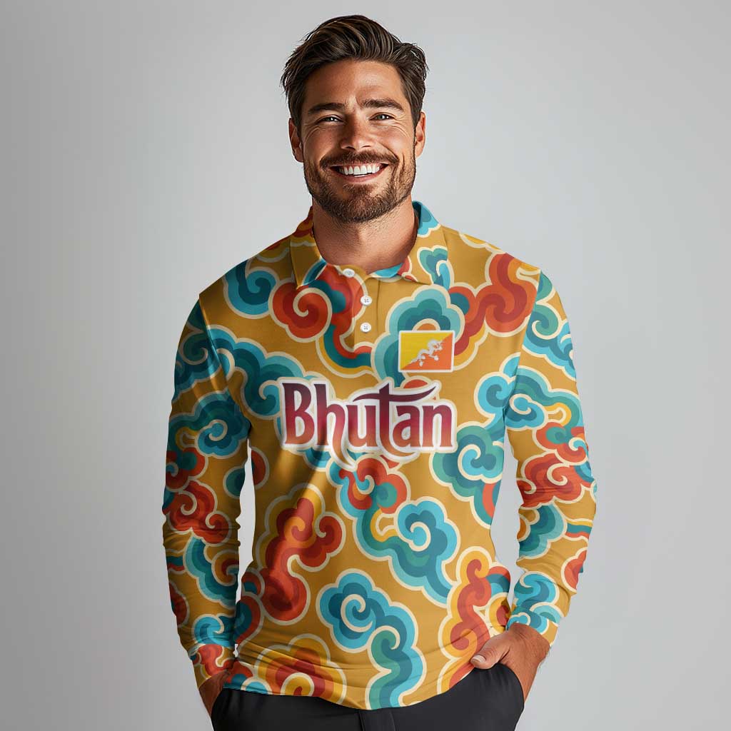 Bhutan Dragon Long Sleeve Polo Shirt with Traditional Cloud Motif in Vibrant Himalayan Colors