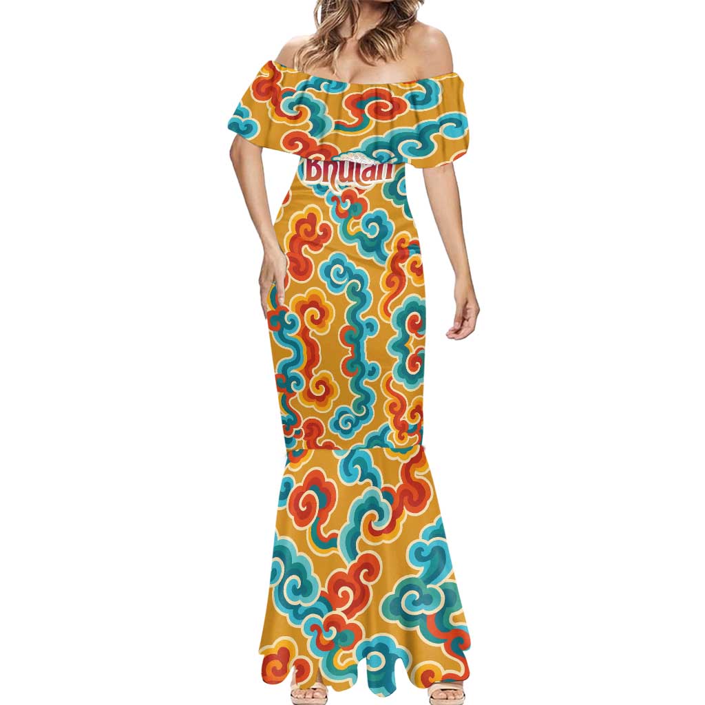 Bhutan Dragon Mermaid Dress with Traditional Cloud Motif in Vibrant Himalayan Colors