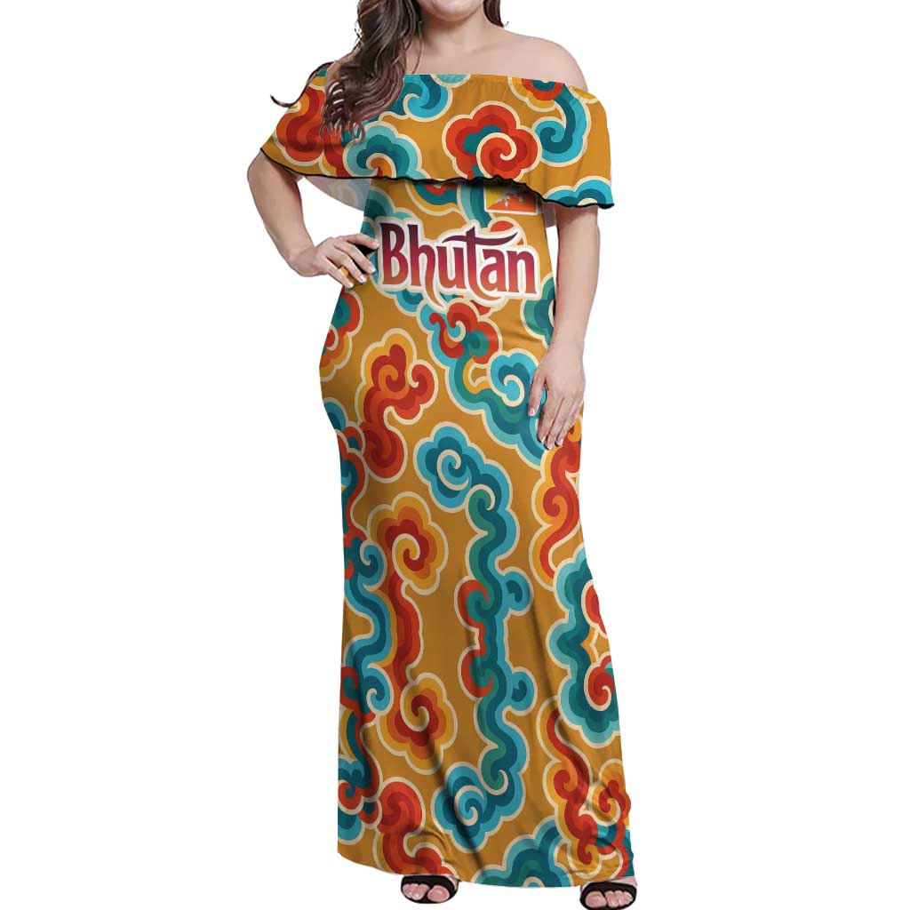 Bhutan Dragon Off Shoulder Maxi Dress with Traditional Cloud Motif in Vibrant Himalayan Colors
