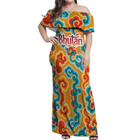 Bhutan Dragon Off Shoulder Maxi Dress with Traditional Cloud Motif in Vibrant Himalayan Colors