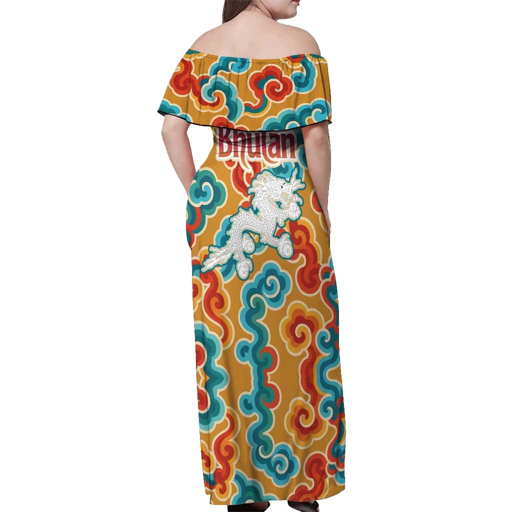 Bhutan Dragon Off Shoulder Maxi Dress with Traditional Cloud Motif in Vibrant Himalayan Colors