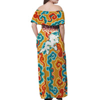 Bhutan Dragon Off Shoulder Maxi Dress with Traditional Cloud Motif in Vibrant Himalayan Colors