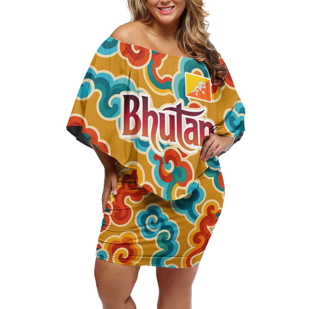 Bhutan Dragon Off Shoulder Short Dress with Traditional Cloud Motif in Vibrant Himalayan Colors