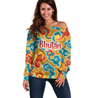 Bhutan Dragon Off Shoulder Sweater with Traditional Cloud Motif in Vibrant Himalayan Colors