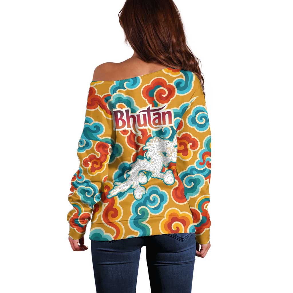 Bhutan Dragon Off Shoulder Sweater with Traditional Cloud Motif in Vibrant Himalayan Colors