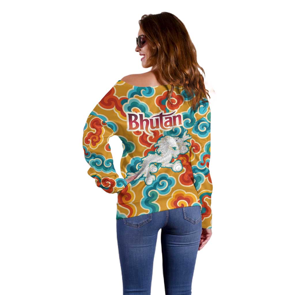 Bhutan Dragon Off Shoulder Sweater with Traditional Cloud Motif in Vibrant Himalayan Colors