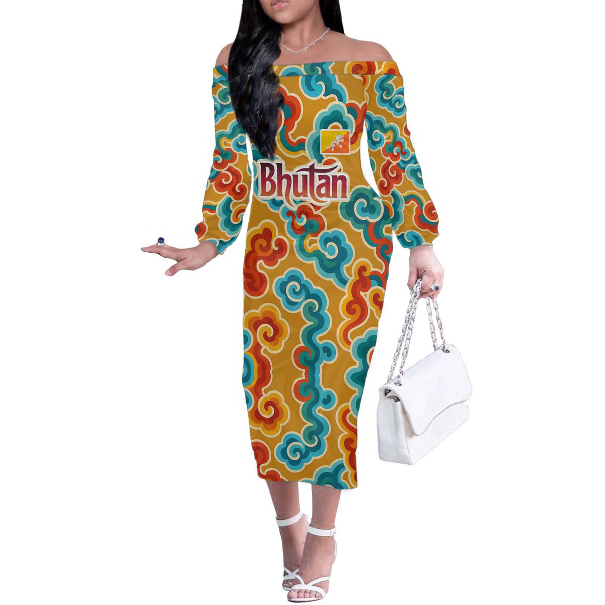 Bhutan Dragon Off The Shoulder Long Sleeve Dress with Traditional Cloud Motif in Vibrant Himalayan Colors
