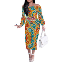 Bhutan Dragon Off The Shoulder Long Sleeve Dress with Traditional Cloud Motif in Vibrant Himalayan Colors