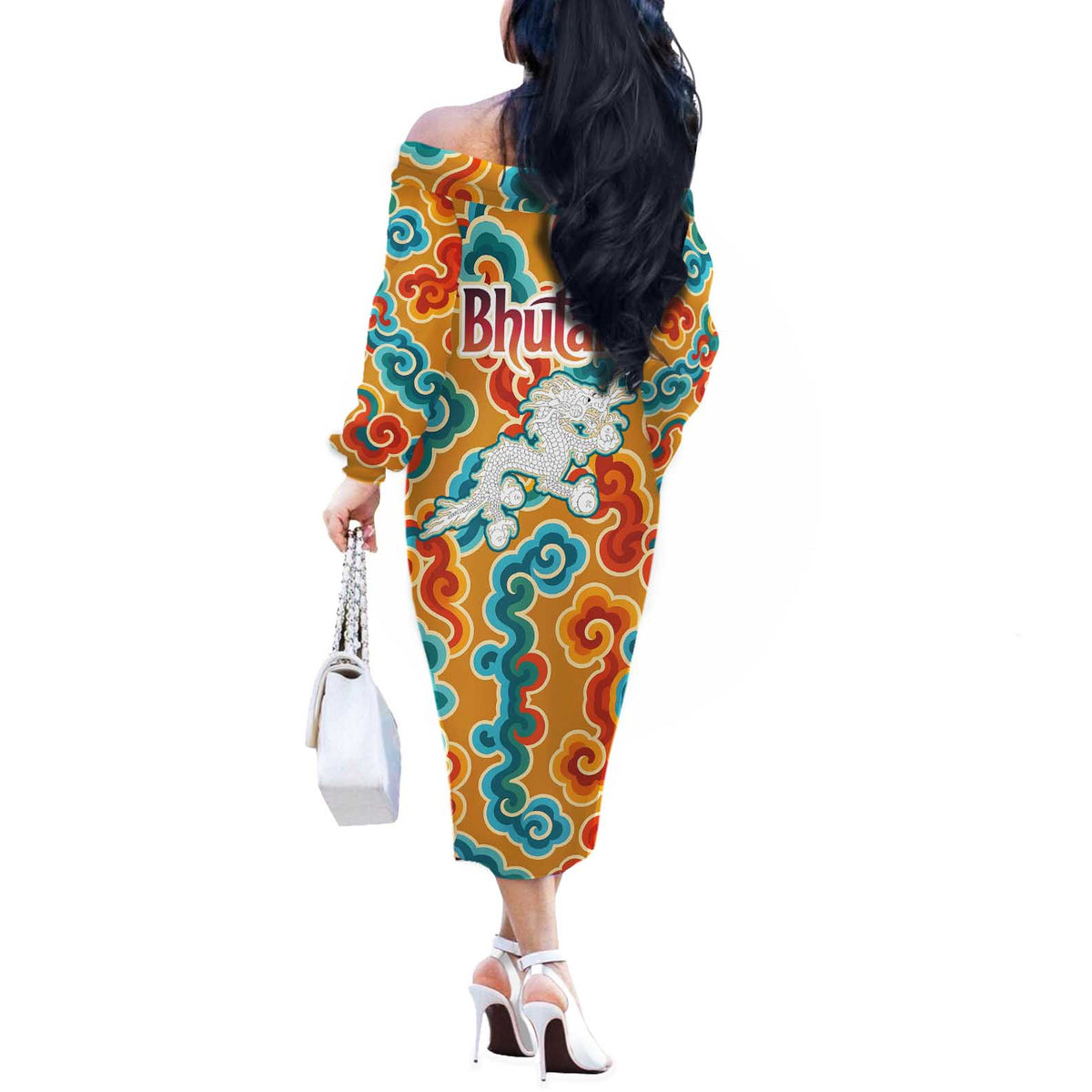 Bhutan Dragon Off The Shoulder Long Sleeve Dress with Traditional Cloud Motif in Vibrant Himalayan Colors