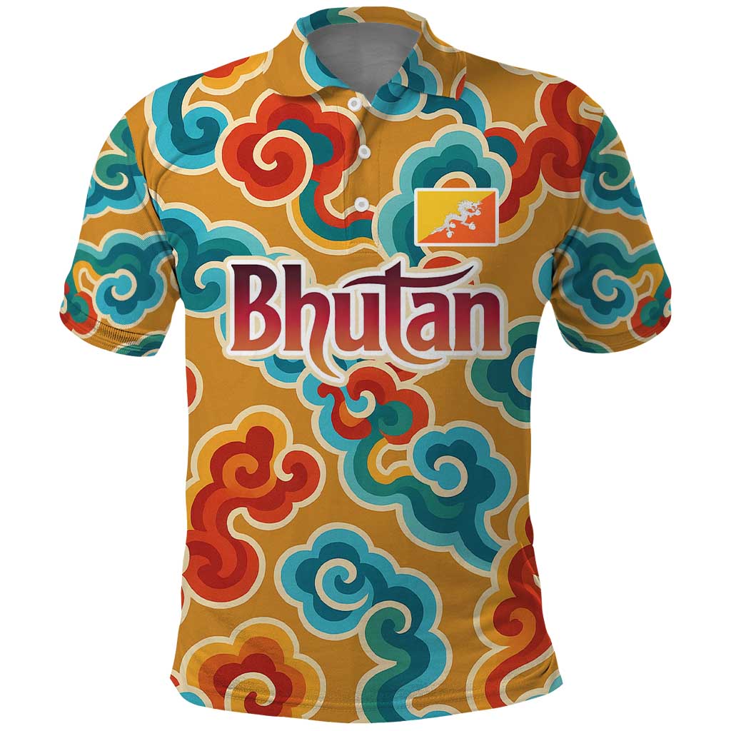 Bhutan Dragon Polo Shirt with Traditional Cloud Motif in Vibrant Himalayan Colors