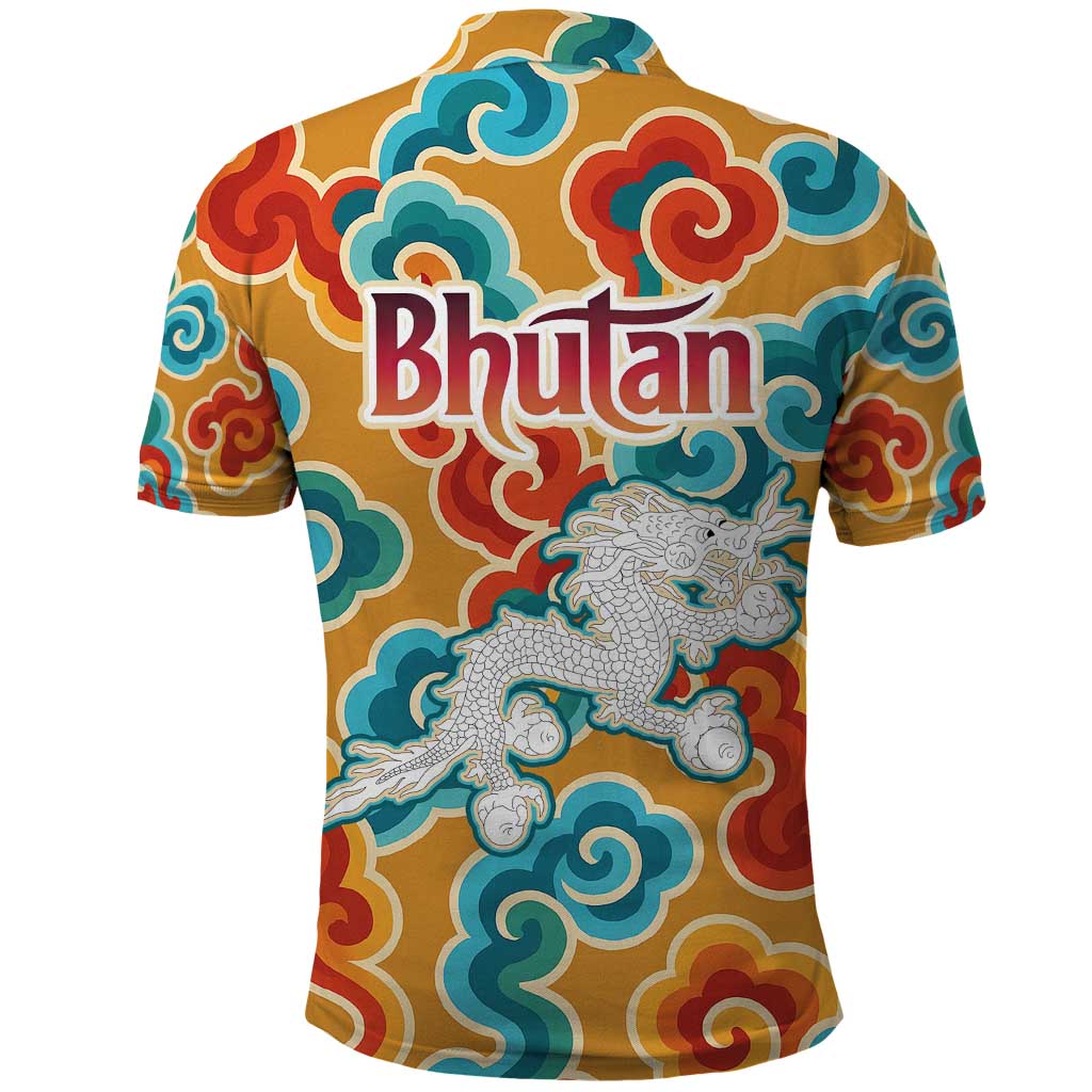 Bhutan Dragon Polo Shirt with Traditional Cloud Motif in Vibrant Himalayan Colors