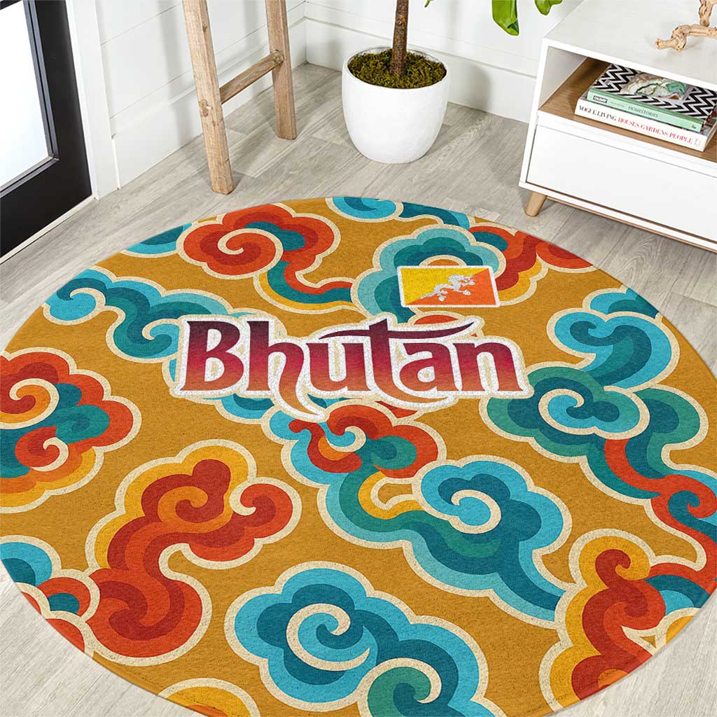 Bhutan Dragon Round Carpet with Traditional Cloud Motif in Vibrant Himalayan Colors