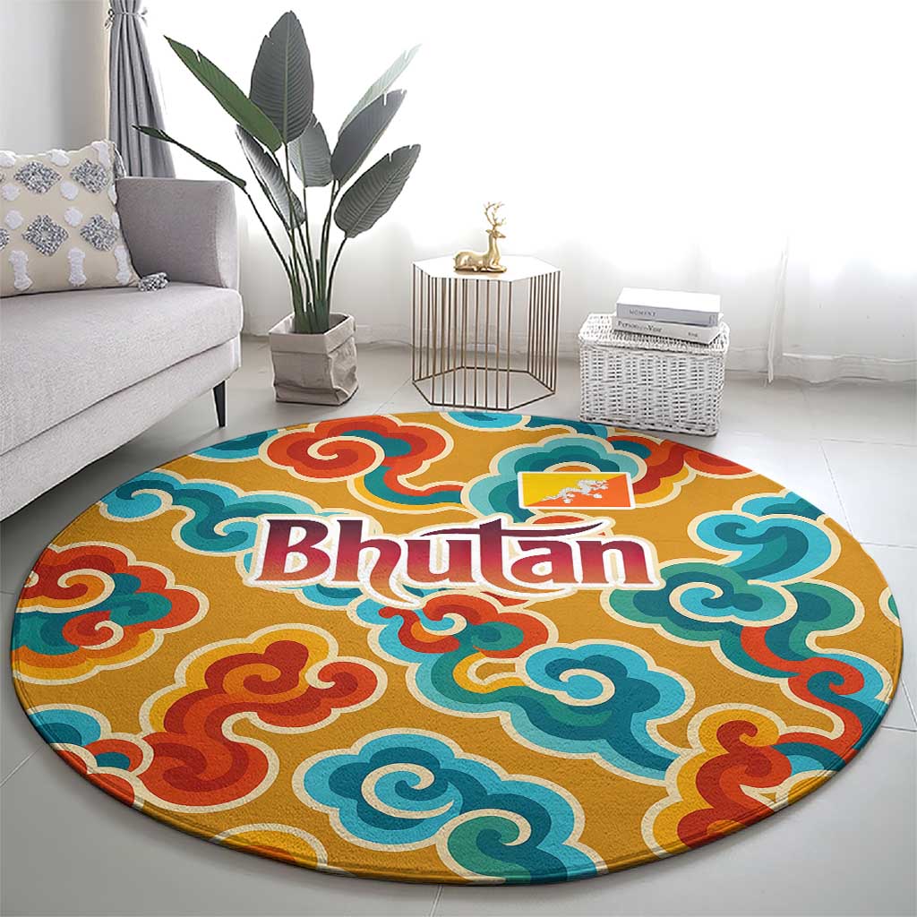 Bhutan Dragon Round Carpet with Traditional Cloud Motif in Vibrant Himalayan Colors