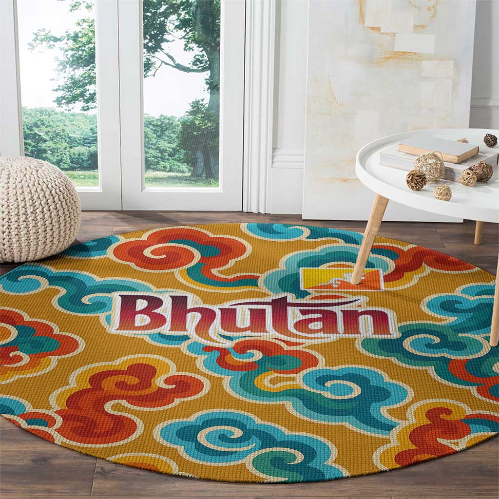 Bhutan Dragon Round Carpet with Traditional Cloud Motif in Vibrant Himalayan Colors