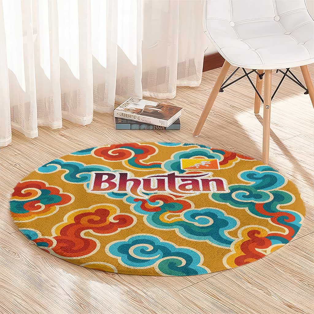 Bhutan Dragon Round Carpet with Traditional Cloud Motif in Vibrant Himalayan Colors