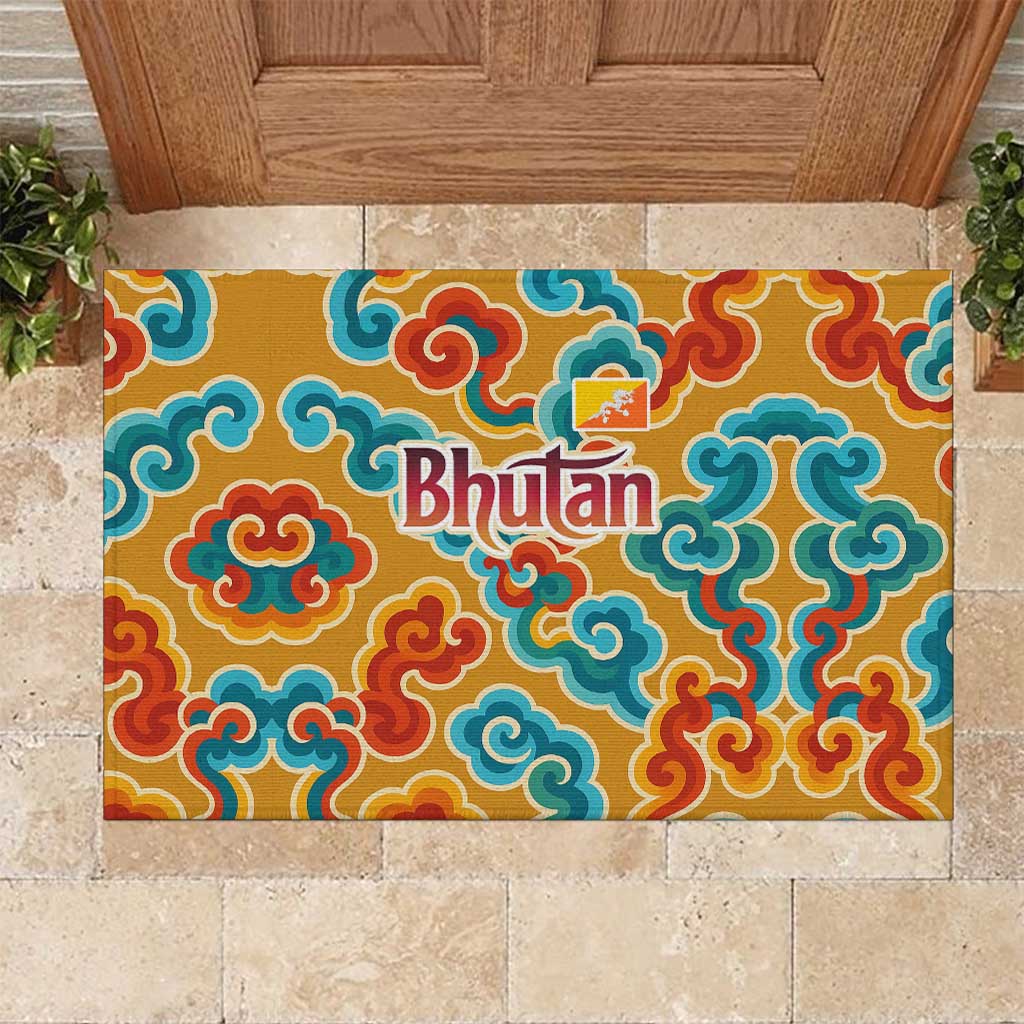 Bhutan Dragon Rubber Doormat with Traditional Cloud Motif in Vibrant Himalayan Colors