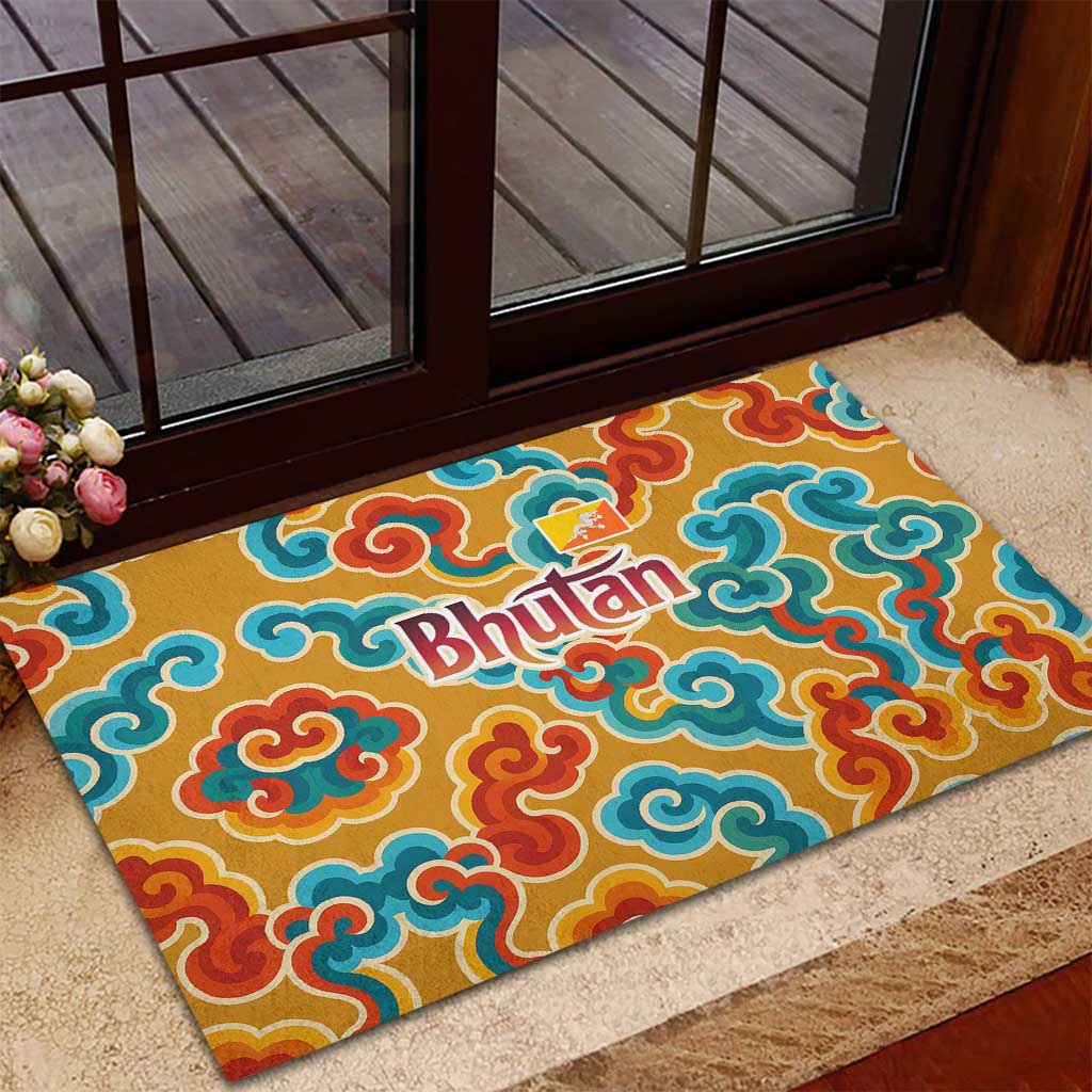 Bhutan Dragon Rubber Doormat with Traditional Cloud Motif in Vibrant Himalayan Colors
