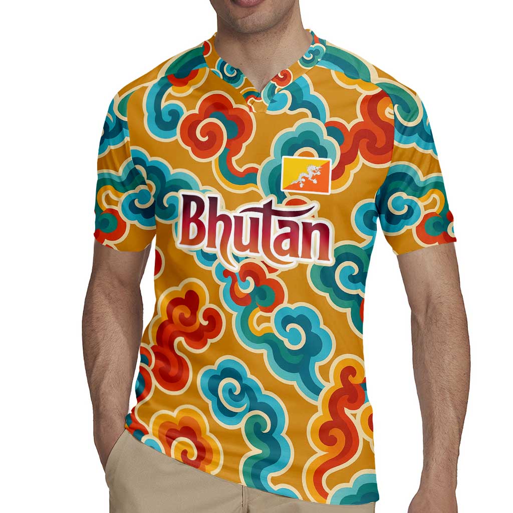 Bhutan Dragon Rugby Jersey with Traditional Cloud Motif in Vibrant Himalayan Colors