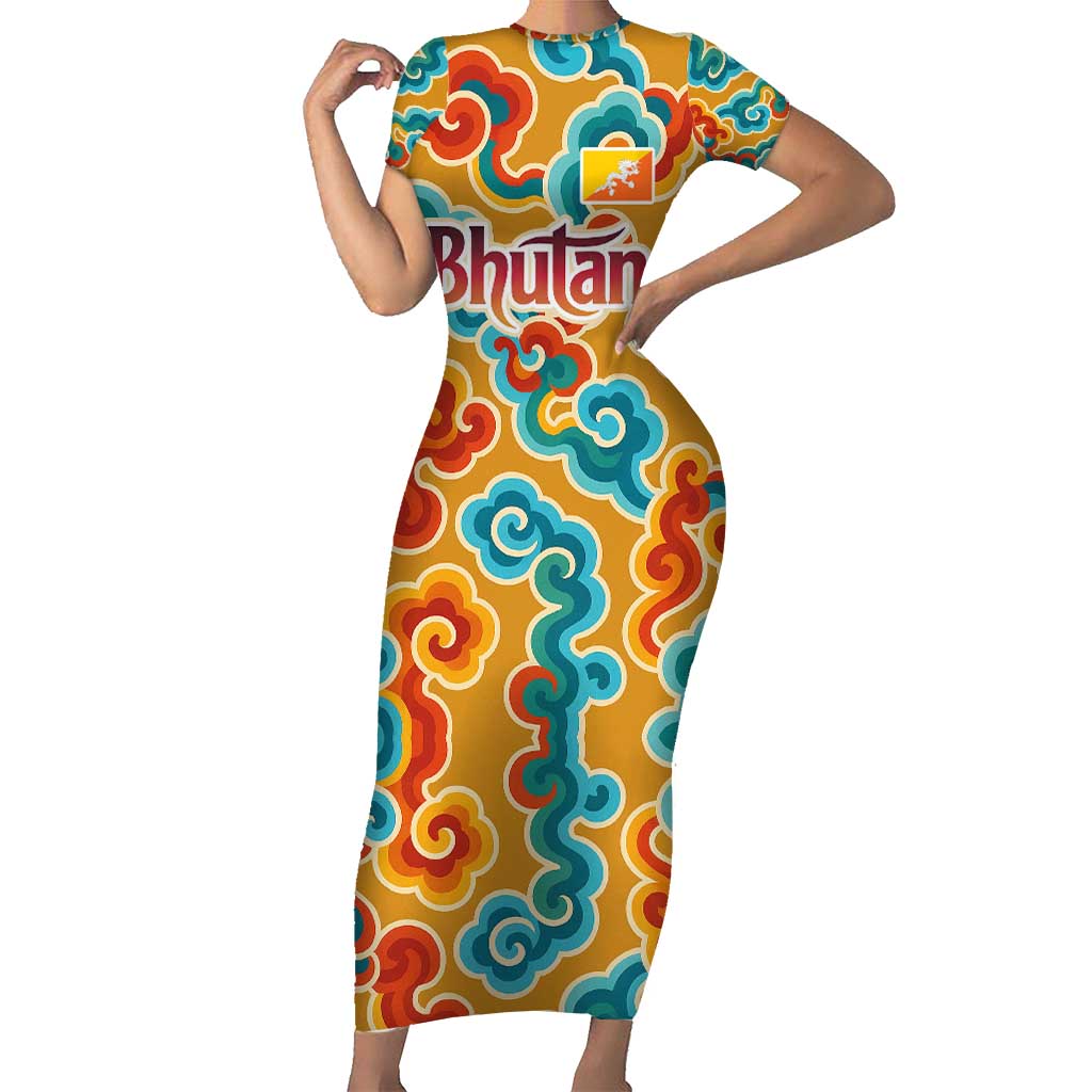 Bhutan Dragon Short Sleeve Bodycon Dress with Traditional Cloud Motif in Vibrant Himalayan Colors