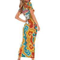 Bhutan Dragon Short Sleeve Bodycon Dress with Traditional Cloud Motif in Vibrant Himalayan Colors