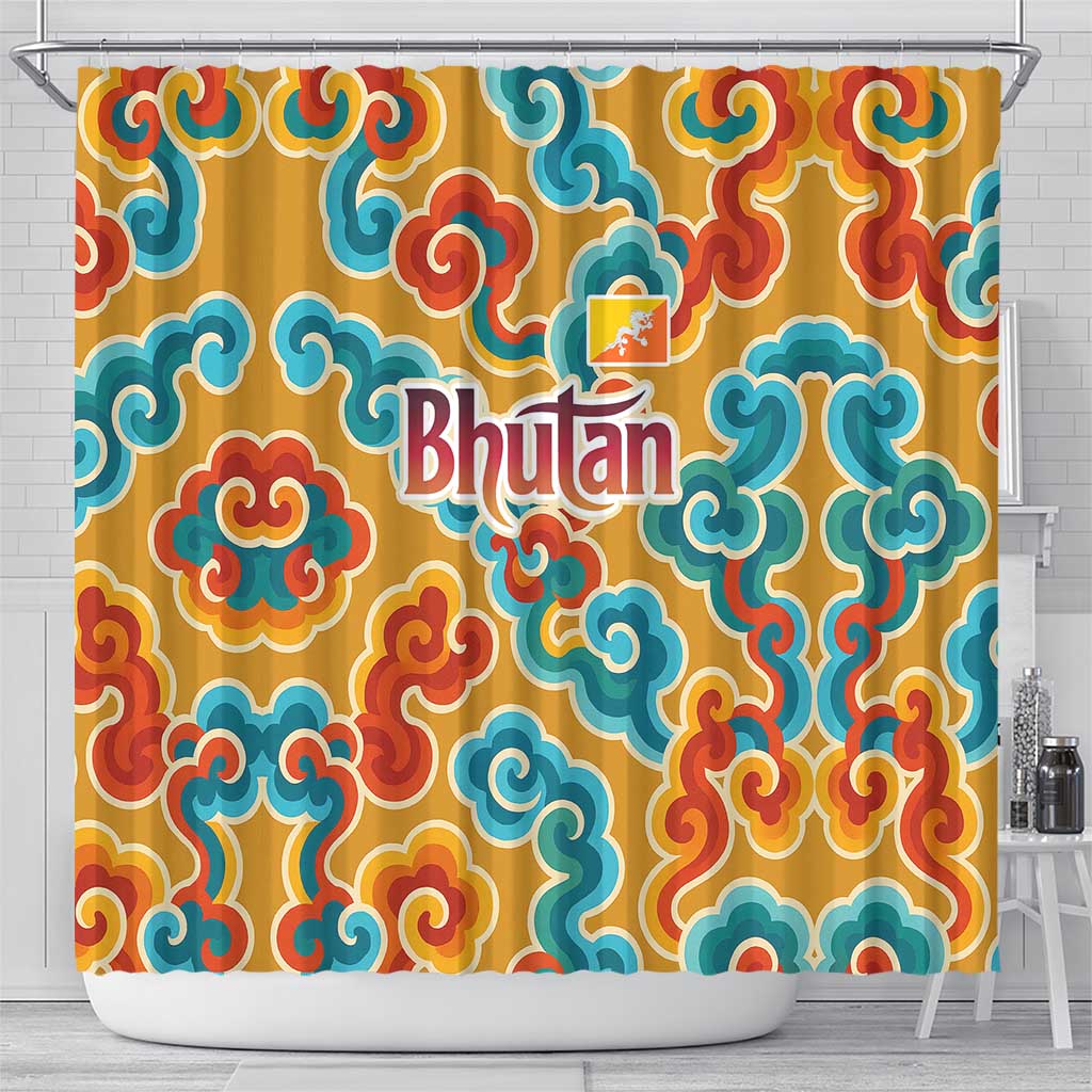 Bhutan Dragon Shower Curtain with Traditional Cloud Motif in Vibrant Himalayan Colors
