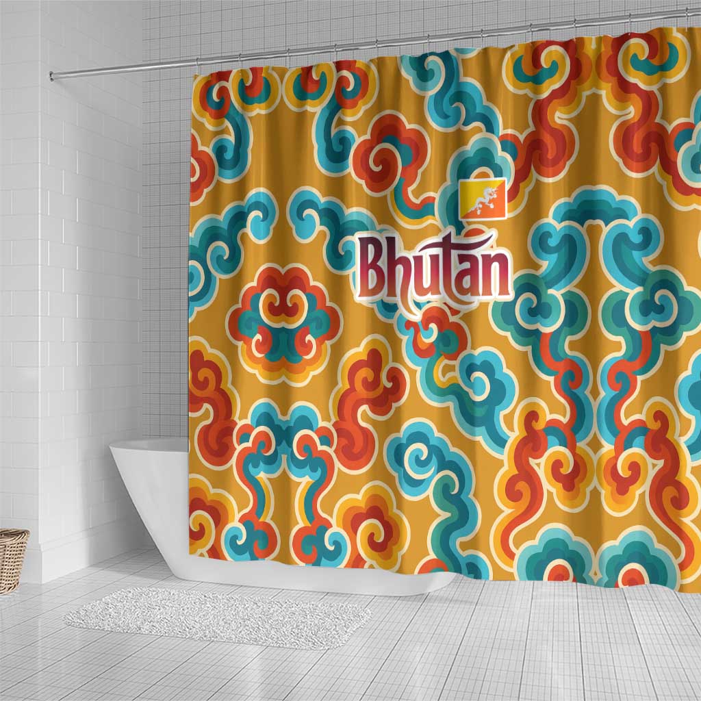 Bhutan Dragon Shower Curtain with Traditional Cloud Motif in Vibrant Himalayan Colors